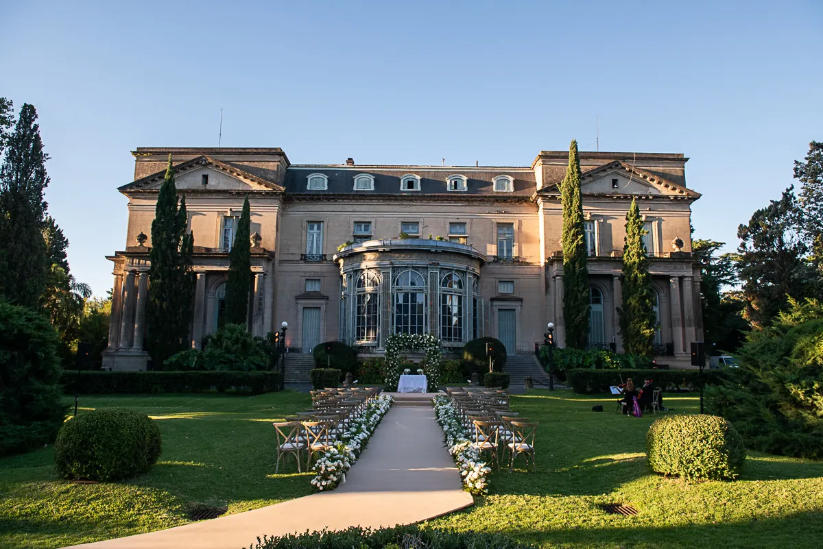 Grand villa exterior prepared for a wedding celebration